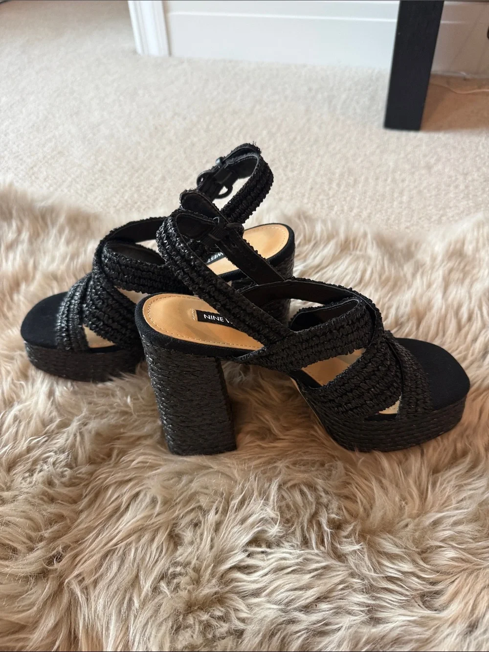 Nine West Black Woven Platform Sandals with Ankle Strap